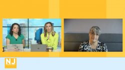screenshot of on air interview. two news anchors at news desk are on left with a remote video feed image of francesca laguardia on the right
