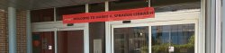 Sprague library front entrance with welcome sign