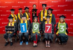 members of the class of 1973 wearing caps and gowns