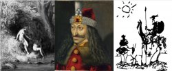 Montage of 3 images, Illustration of nudes by a river, Painting of Vlad Tpes, Picasso's drawing of Don Quixote