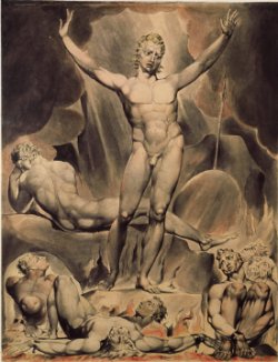 Old Painting of naked Greek man with arms raised to sky