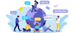 "Graphic of people sitting around a world globe saying hello in different languages"