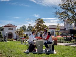 Students sitting at a table on a sunny day