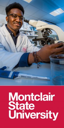 Montclair State University ad of science student wearing lab coat