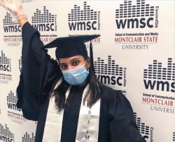 WMSC-FM’s Station Manager Hiral Patel, who was recently named Intercollegiate Broadcasting System’s “Best Station Manager in the Nation,” staying safe (in a photo taken before the majority of students left campus to finish the semester at home).