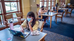 A student wearing a mask sits alone in front of a computer at a library table