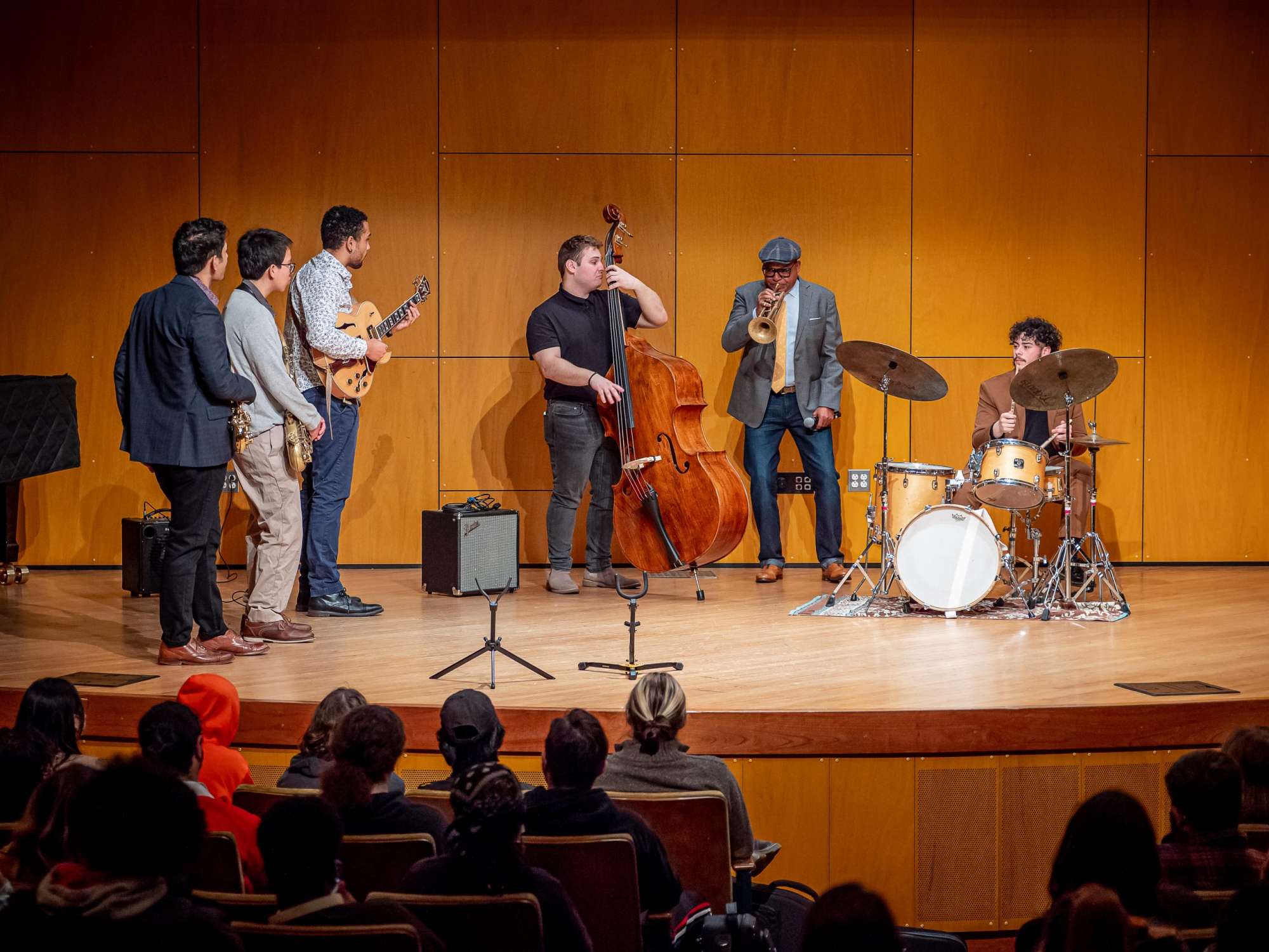 Wynton Marsalis with the MSU Jazz Combo. Left to right: Nico Martin, Rodrigo Romero, Derick Campos, Nathan Perrucci, Marsalis and Zack Perez.