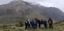 group of students with mountain in the background