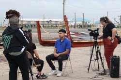 Bernice Ndegwa and Emily Dolan at cameras, record Khan Hussain interviewing Ngoc Tran