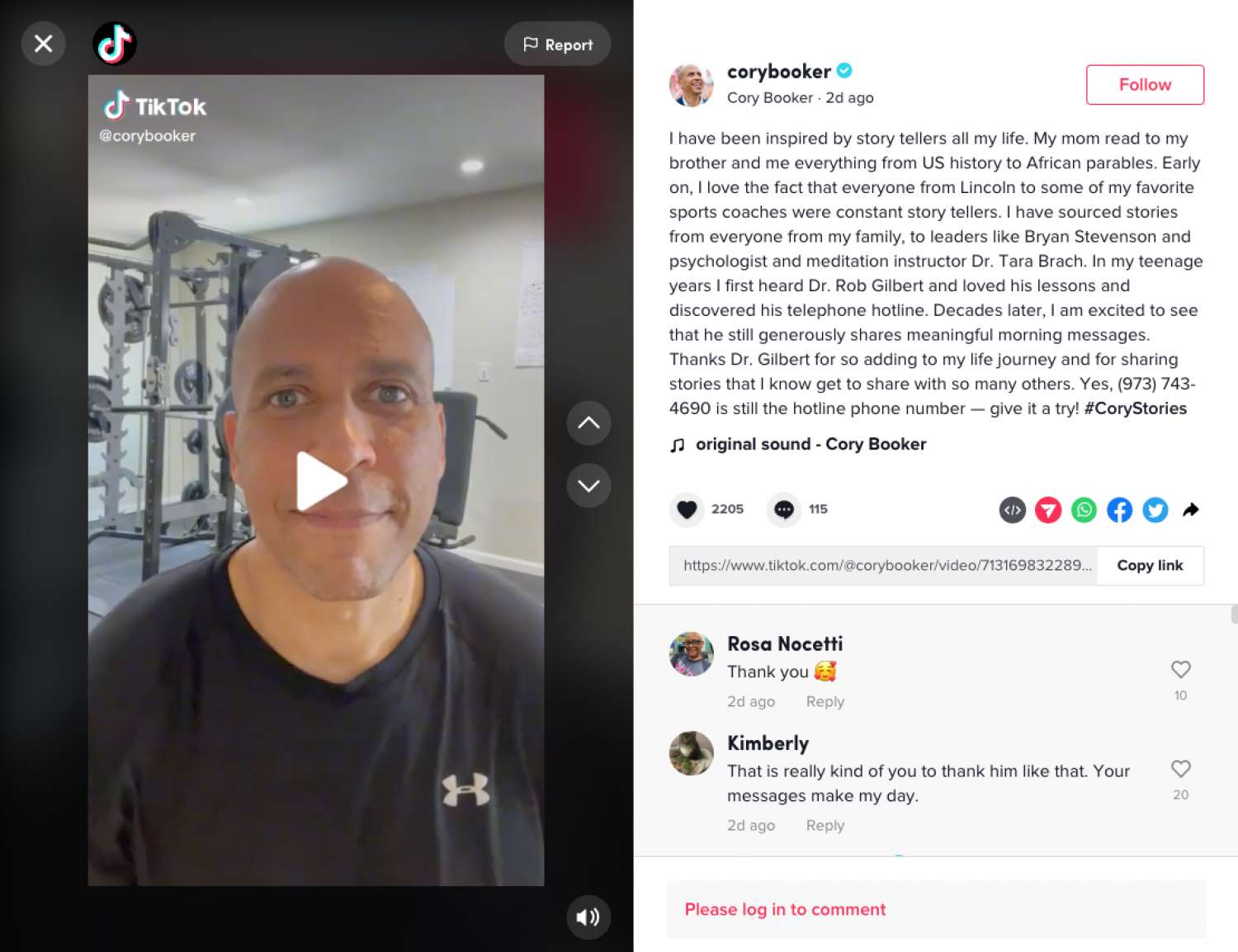 screenshot of Cory Booker's tiktok post