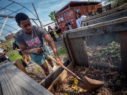A student uses a shovel to turn compost at a farm.