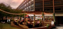 An artist’s rendering showing a lighted outdoor dining space.