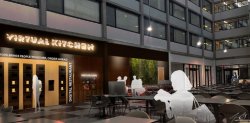 An artist’s rendering of a food court with lockers.