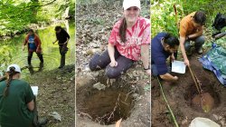 Three photos show students in a nature preserve. In the first, two students wade in water and a third writes notes. The other two photos show students at a soil pit.