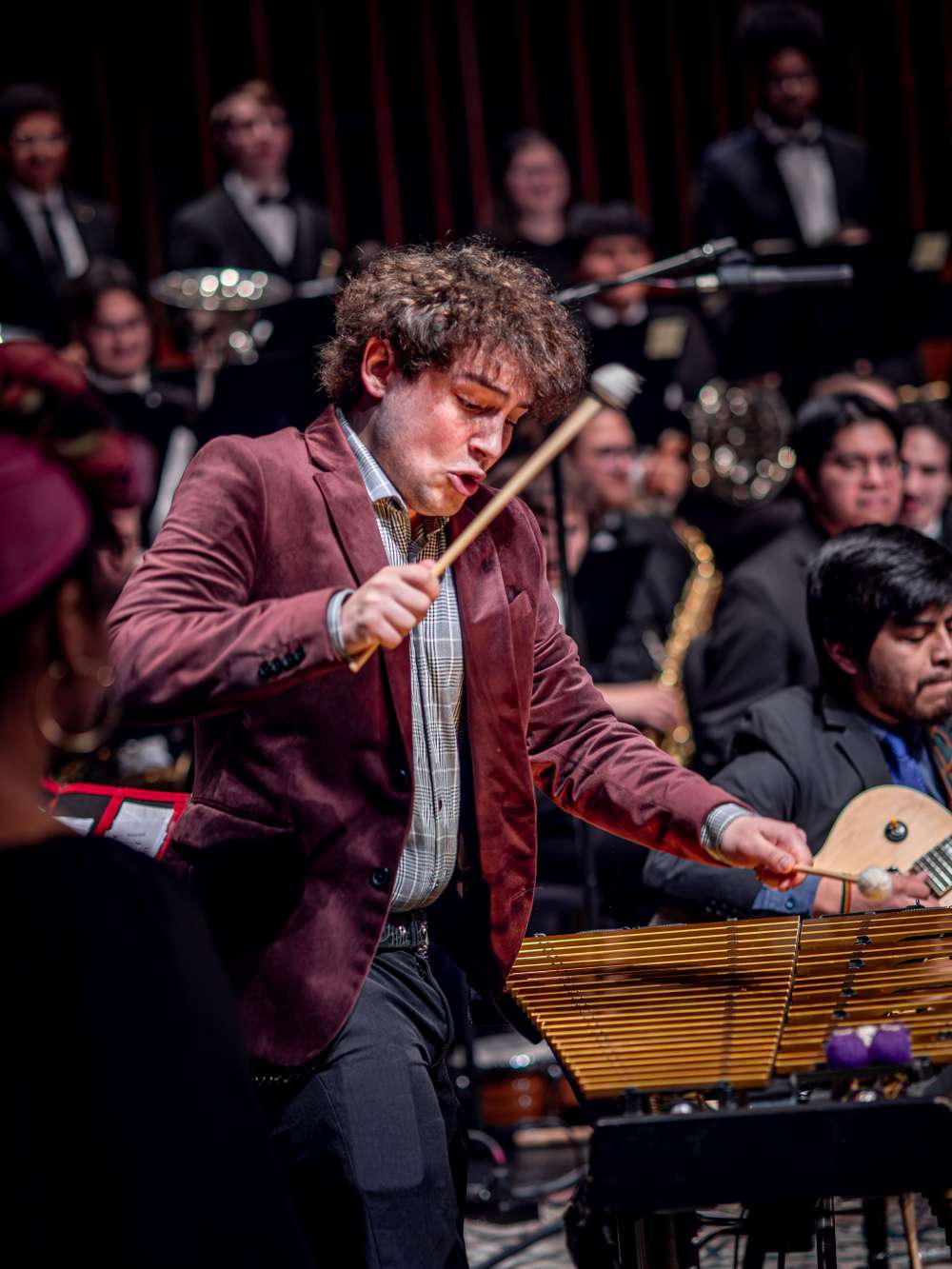 Sparni plays the vibraphone in concert.