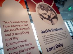 Signs explaining the history of the Negro leagues, highlighting Jackie Robinson and Larry Doby.