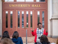 Richard Steiner-Otoo addresses students outside University Hall.