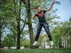 Jersey Joe jumps for joy.