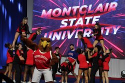 Vanessa Fingerlin in Rocky costume with Montclair’s Cheer Team.