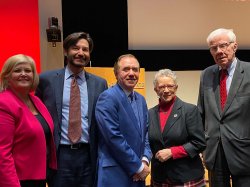 Photo of Brigid Callahan Harrison, Montclair President Jonathan Koppell, NJ State Assembly Speaker Craig Coughlin, Assemblywoman Mila Jasey, and Assemblyman Thomas Giblin.