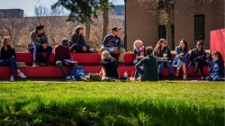Students sitting around in courtyard