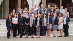 Group photo of newly appointed 2017 Montclair State University faculty standing outside