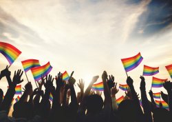 Hands raised with rainbow flags