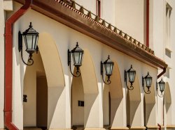 The lights in a row outside of the School of Nursing.