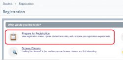 Self Service Banner Landing page with red box around prepare for registration