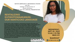 a graphic element. Event flyer efatures event description, date (Sept 20 at 12:00) and an image of the Speaker, Karelle Hall