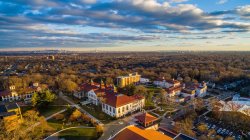 Aerial photo of MSU campus and blue cloudy sky above