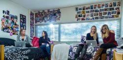 Four students sitting around a dorm room on their laptops and having conversations.