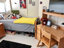 One side of a double room in Blanton Hall with a bed and desk decorated by a student.