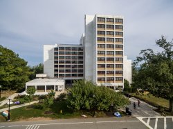 The exterior of Bohn Hall from a lower angle.