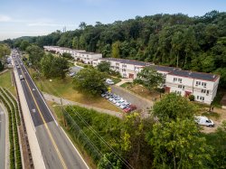 The front exteriors of Hawk Crossings from an aerial angle.