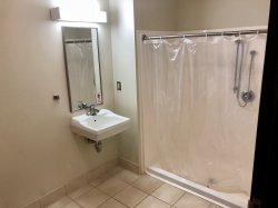 A shower and sink in a bathroom in Sinatra Hall.