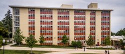 The exterior of Freeman Hall from a slightly elevated angle.