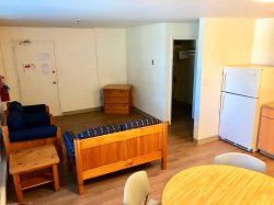The living area and kitchen of an apartment in Hawk Crossings.