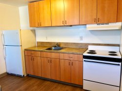 Another angle of a Hawk Crossings kitchen showing off the stove, counter space and fridge.