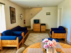 The living room area of a multi-floor Hawk Crossings unit.