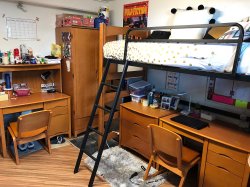 A Triple Unit in Stone Hall with a bunk bed and a desk underneath the bed.