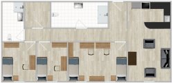 The Village Apartments double layout with three bedrooms, two bathrooms and a shared kitchen and living room.