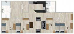 The Village Apartments Single layout with four bedrooms, two bathrooms and a shared kitchen and living room.