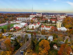 Aerial photograph of Montclair State University in the fall.