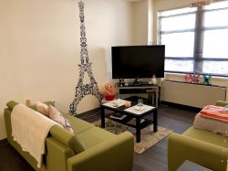 The living room and television in a Single Apartment in the Village Apartments.