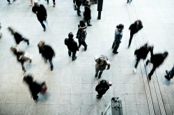 aerial view of people walking on street