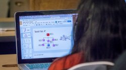 student looking at class notes on computer