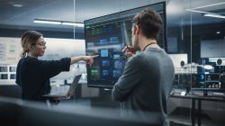 Male and female IT coworkers discussing graphics on a large digital board in an office