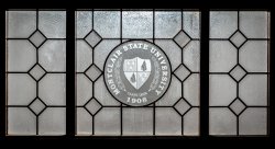 Image of a decorative glass panel with the Montclair State shield incorporated.
