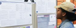 Image of a student at the student looking at posters at a research symposium.
